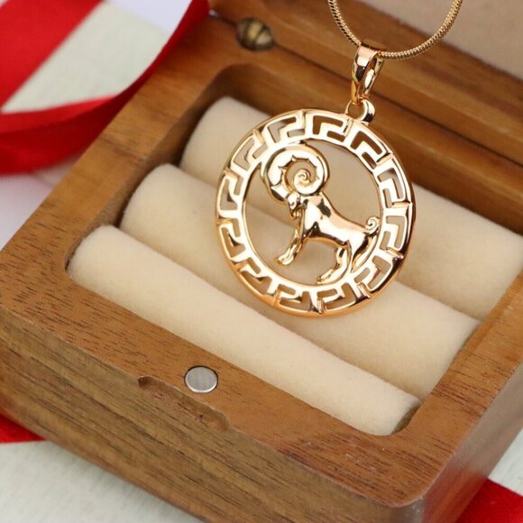 "Zodiac Ram Rose Gold Round Pendant in Geometric Border Design, XPPT1328 - Picture 2 of 13